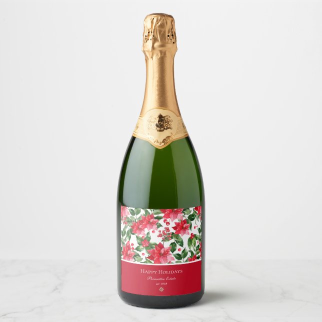 Étiquettes Pour Bouteilles De Vin Mousseux Vacances de Noël Personnalisé Poinsettia Motif (Devant)