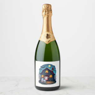 Étiquettes Pour Bouteilles De Vin Mousseux Vache et grange hantée