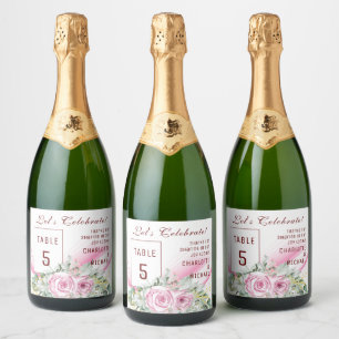 Étiquettes Pour Bouteilles De Vin Mousseux Vague rose et fleurie Numéro de table Sparkling Wi