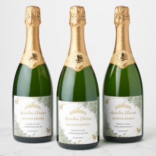 Étiquettes Pour Bouteilles De Vin Mousseux Vert sauge papillons floraux Quinceañera Anniversa