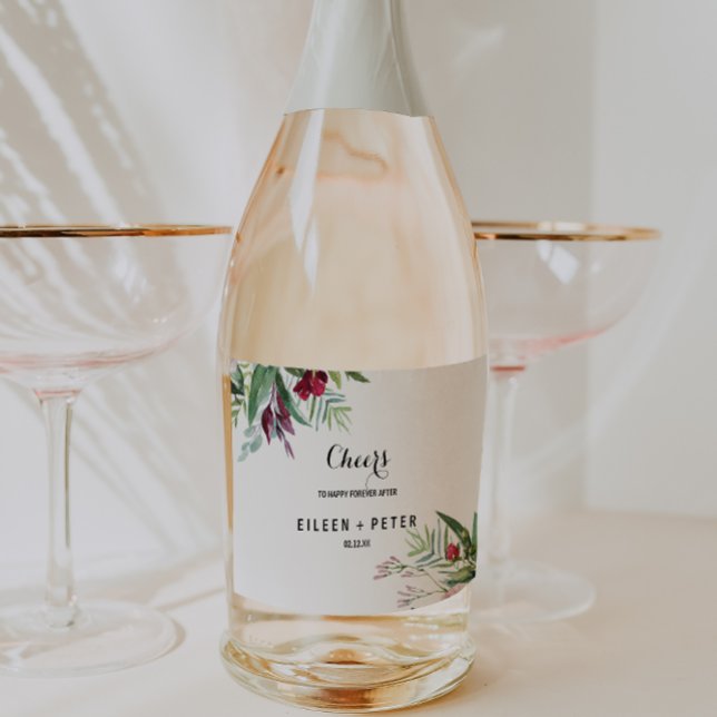 Étiquettes Pour Bouteilles De Vin Mousseux Vin pétillant Mariage de verdure tropicale La (Créateur téléchargé)