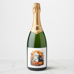 Étiquettes Pour Bouteilles De Vin Mousseux Vintage Fantôme d'Halloween tenant un chat noir Su