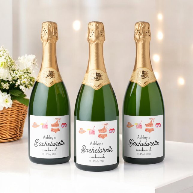 Étiquettes Pour Bouteilles De Vin Mousseux Week-end de bikini de plage de célibataire  (Créateur téléchargé)