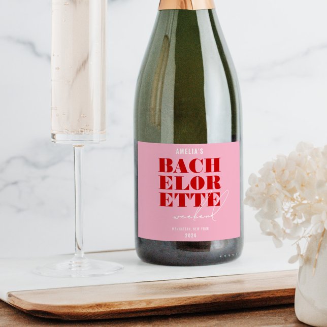 Étiquettes Pour Bouteilles De Vin Mousseux Week-end de célibataire rose et rouge gras (Créateur téléchargé)