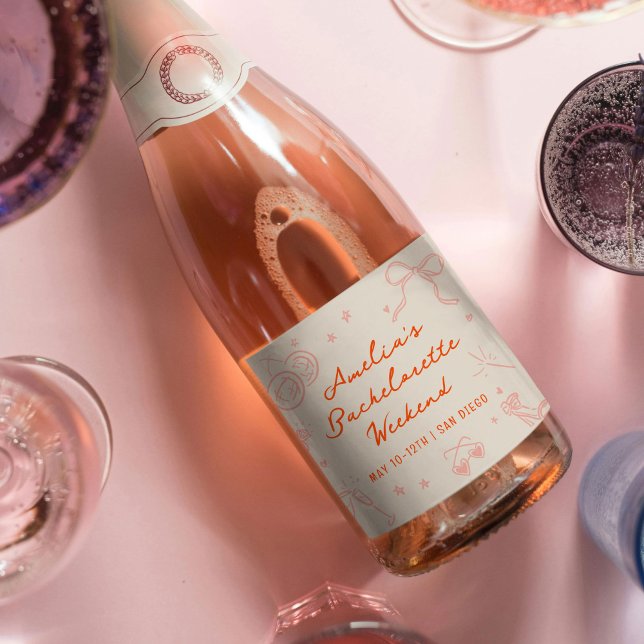 Étiquettes Pour Bouteilles De Vin Mousseux Week-end Enterrement de Vie de Célibataire Croquis (Pink and red bachelorette party sparkling wine bottle labels.)