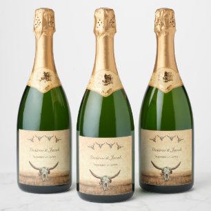 Étiquettes Pour Bouteilles De Vin Mousseux Western Rustic Mariage Pays Vache Taureau crâne