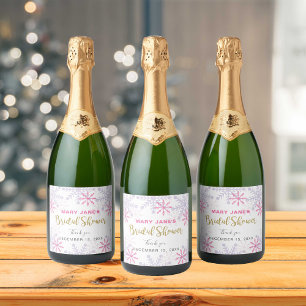 Étiquettes Pour Bouteilles De Vin Mousseux Winter Wonderland Fête des mariées Pink Snowflake