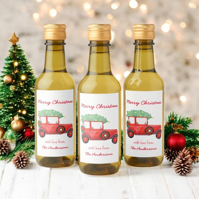 Étiquettes Pour Bouteilles De Vin Noël Red Truck Green Tree vacances (Créateur téléchargé)