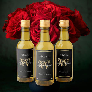 Étiquettes Pour Bouteilles De Vin Noir & Or Elegant Monogram Chic Mini Mariage