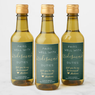 Étiquettes Pour Bouteilles De Vin Pairs Well Bridesmaid Proposition Green et Gold Mi