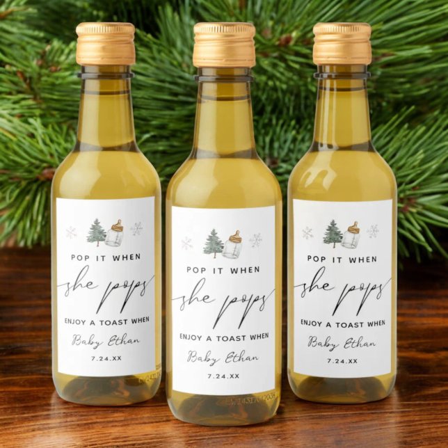 Étiquettes Pour Bouteilles De Vin Pop it When She Pops Mountain Winter Baby shower (Créateur téléchargé)