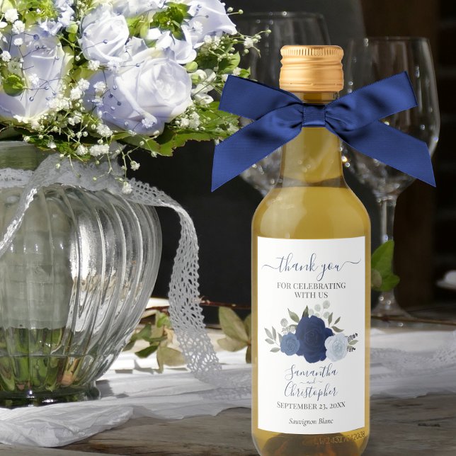Étiquettes Pour Bouteilles De Vin Roses Bleus Elegant Boho Mariage Merci Mini (Créateur téléchargé)