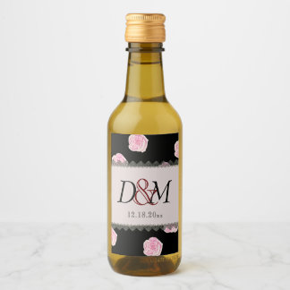 Étiquettes Pour Bouteilles De Vin Roses de chou rose et Mariage de dentelle noire