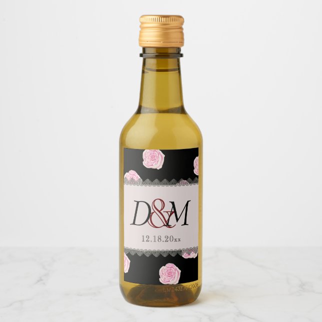 Étiquettes Pour Bouteilles De Vin Roses de chou rose et Mariage de dentelle noire (Devant)