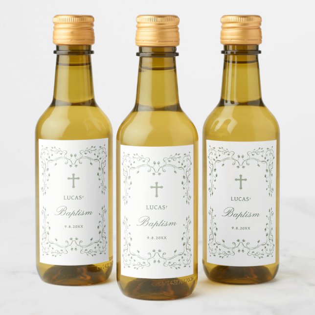 Étiquettes Pour Bouteilles De Vin Sage Green Foliage Frame Baptism Small (Bouteilles)