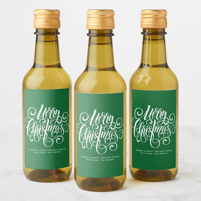 Étiquettes Pour Bouteilles De Vin Script vert "Joyeux Noël" Personnalisé (Bouteilles)