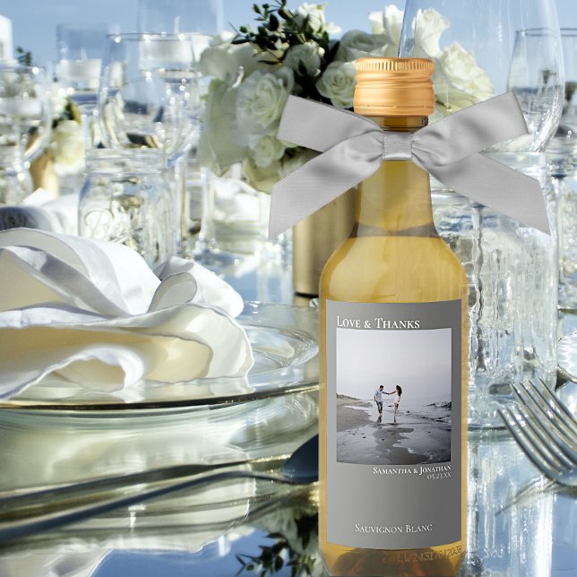 Étiquettes Pour Bouteilles De Vin Simple Gris Mariage Amour & Merci Mini photo (Créateur téléchargé)
