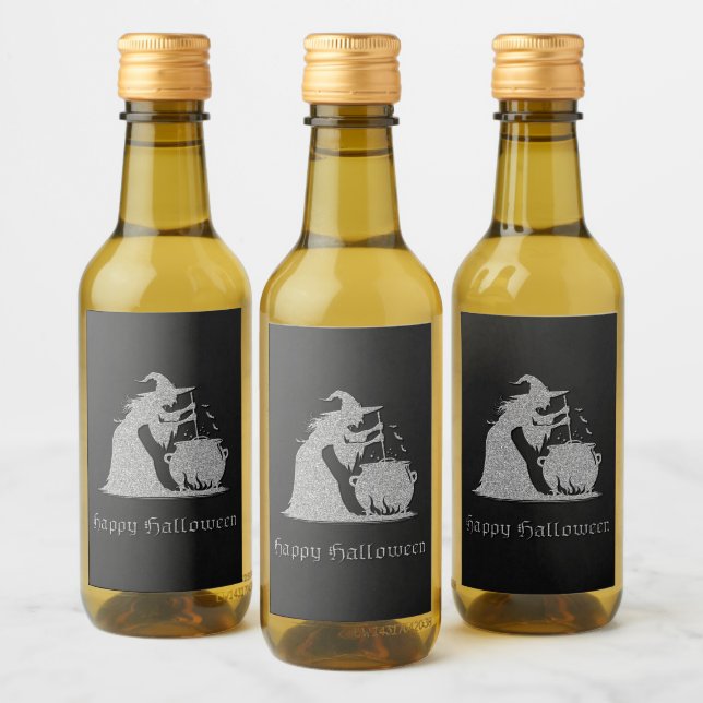Étiquettes Pour Bouteilles De Vin Sorcière en argent et Halloween Cauldron (Bouteilles)