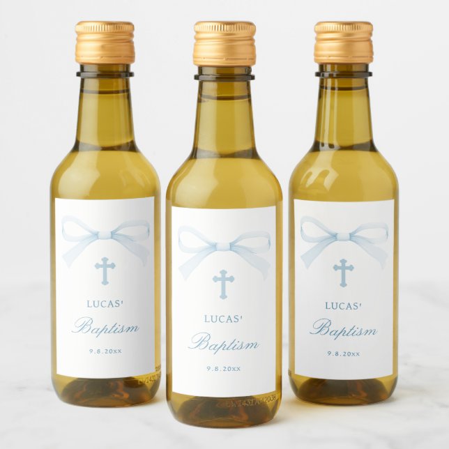 Étiquettes Pour Bouteilles De Vin Watercolor Blue Bow Baptism Small (Bouteilles)