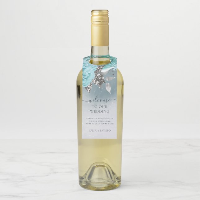 Étiquettes Pour Bouteilles Dusty Blue Floral Mariage Merci (Sur bouteille)