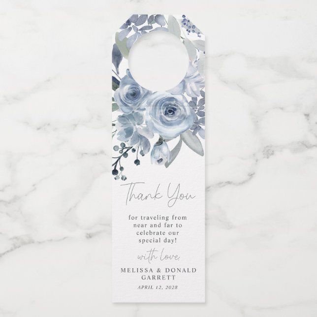 Étiquettes Pour Bouteilles Dusty Blue Roses Fleurs Script Mariage Remerciment (Devant)