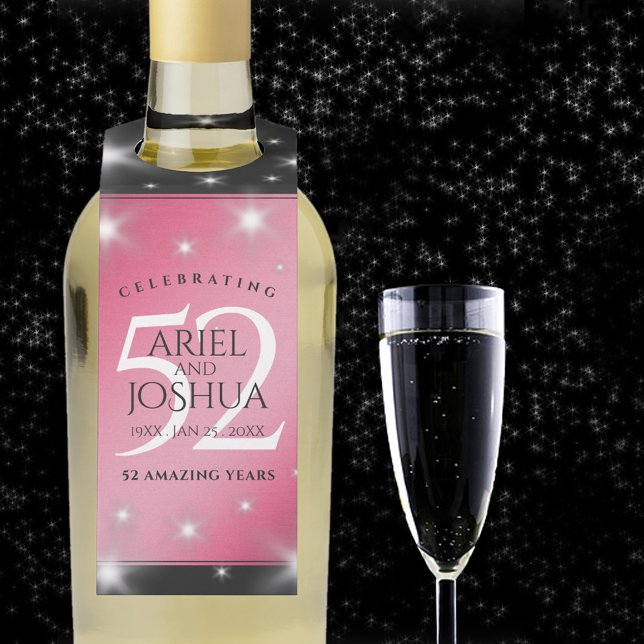 Étiquettes Pour Bouteilles Élégant 52ème anniversaire de Mariage de rubis éto (52nd wedding anniversary bottle hanger with champagne flute on a starry night sky.)
