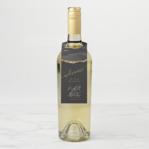 Étiquettes Pour Bouteilles Elégant Agate Black Gold Dark Mariage Bienvenue
