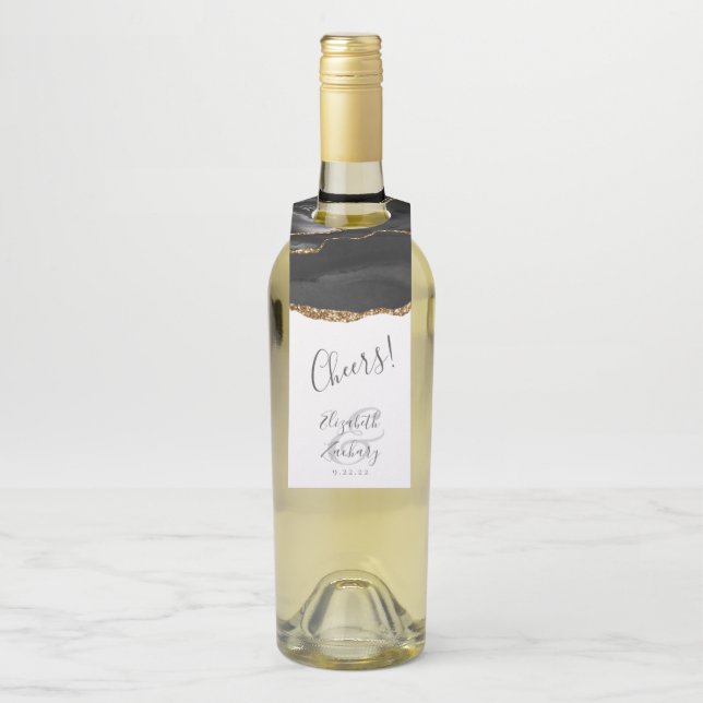 Étiquettes Pour Bouteilles Elégant Agate Black Gold Mariage Cheveux (Sur bouteille)