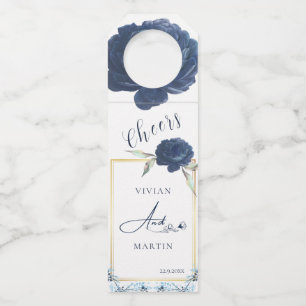 Étiquettes Pour Bouteilles Élégant Cadre Doré Rose Bleu Marine Mariage