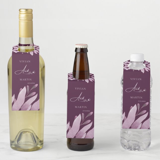 Étiquettes Pour Bouteilles Élégant Mariage à grandes feuilles de Bourgogne (En situation)