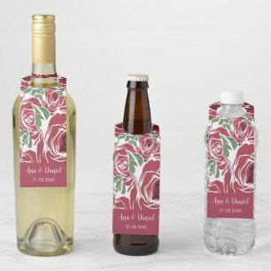 Étiquettes Pour Bouteilles Elégant Motif Rose Vintage - Rouge & Vert Floral