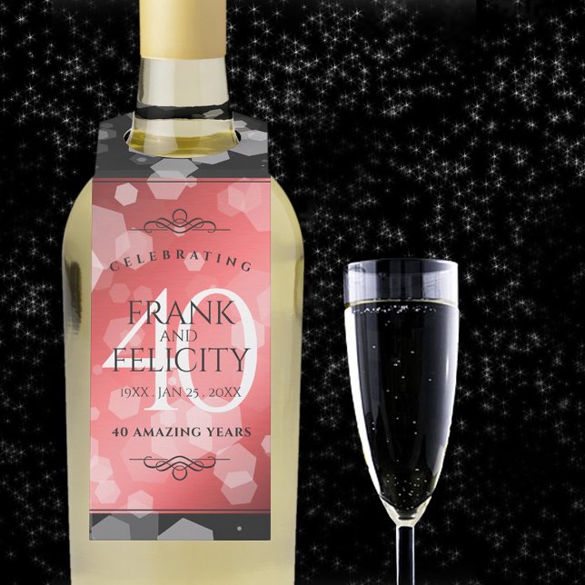 Étiquettes Pour Bouteilles Élégante célébration du 40e anniversaire du Mariag (40th ruby wedding anniversary bottle hanger with champagne flute on a starry night sky.)