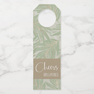 Étiquettes Pour Bouteilles Feuilles vertes tropicales et dorées sur fond saug