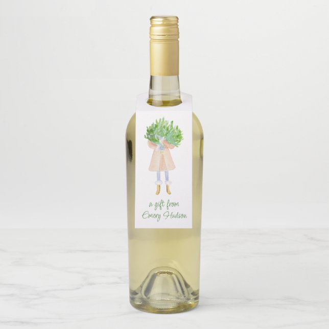 Étiquettes Pour Bouteilles Fille de mode Noël à l'aquarelle avec verdure (Sur bouteille)