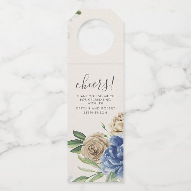 Étiquettes Pour Bouteilles Fleurs d'aquarelle bleue poussiéreuse et ivoire (Devant)