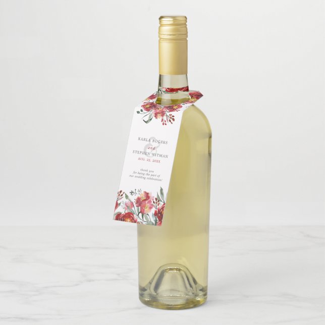 Étiquettes Pour Bouteilles Fleurs d'aquarelles de jardin rouge profond (Incliné)