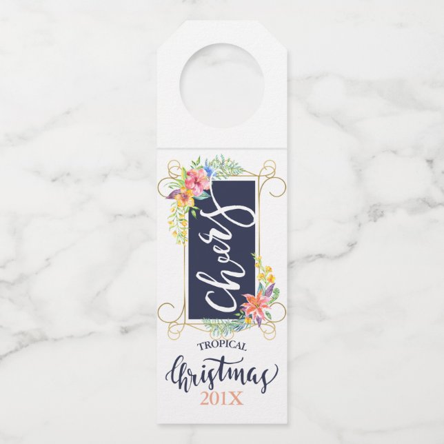 Étiquettes Pour Bouteilles Fleurs de Noël tropicales Typographie & Cadre (Devant)