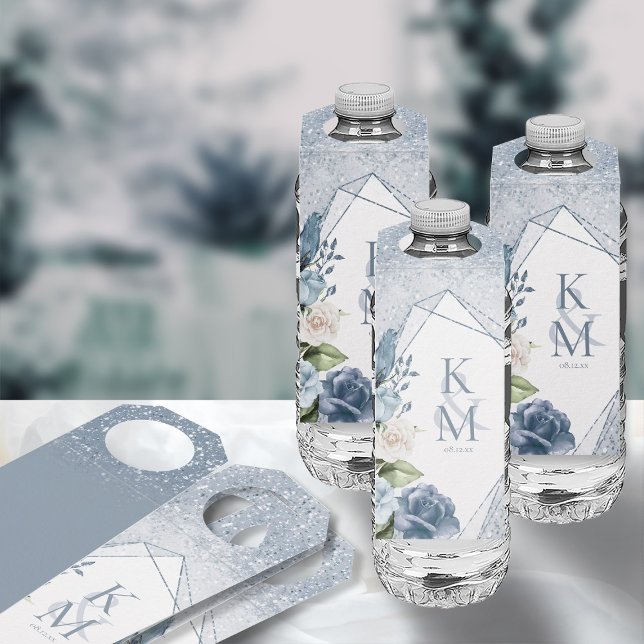 Étiquettes Pour Bouteilles Floral Mariage Dusty Blue ID889 (Front/Back In Situ)