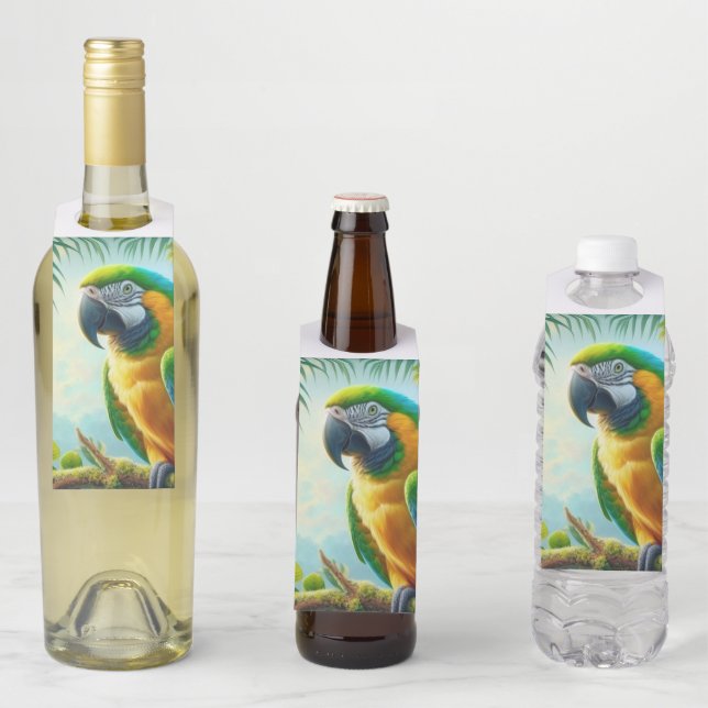 Étiquettes Pour Bouteilles Floral tropical macaw vert (En situation)