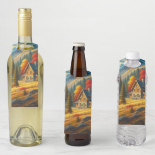 Étiquettes Pour Bouteilles Gîte de montagne rustique d'automne & rivière