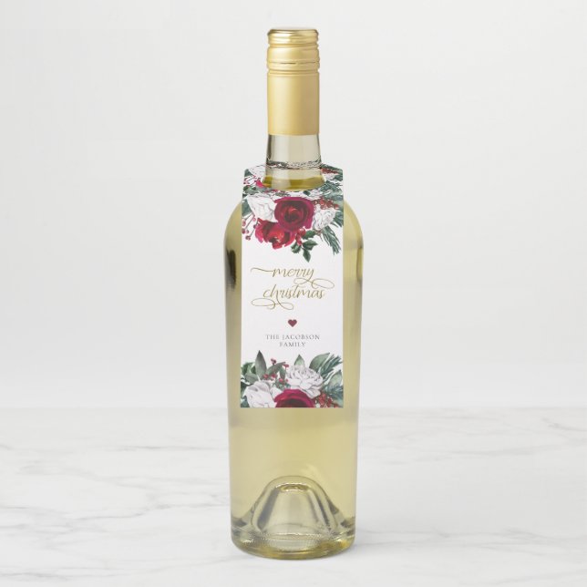 Étiquettes Pour Bouteilles HOLLY Bourgogne Gold Floral Joyeux Noël (Sur bouteille)