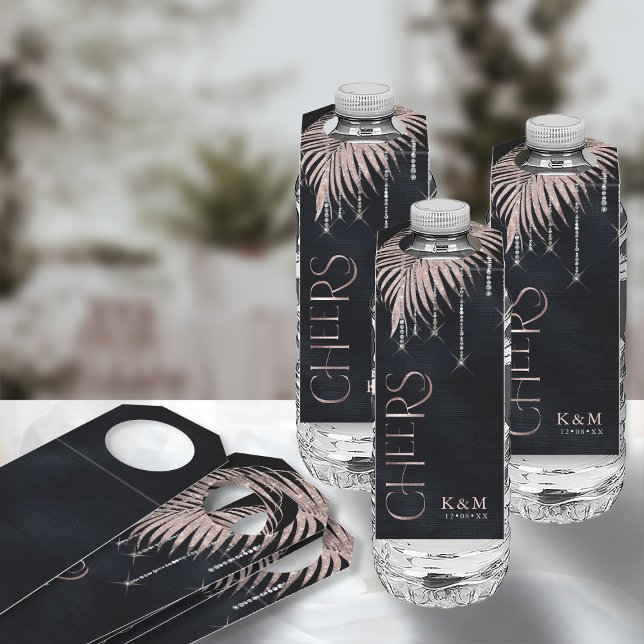 Étiquettes Pour Bouteilles Jewel Palm Leaf Mariage Félicitations Rose Gold ID (Front/Back In Situ)