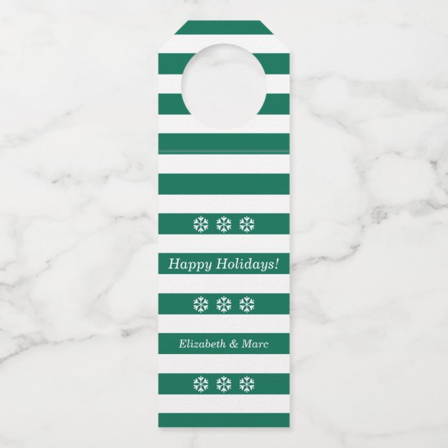 Étiquettes Pour Bouteilles Joyeuses Fêtes Flocons de Neige Rayés Vert Vin (Devant)
