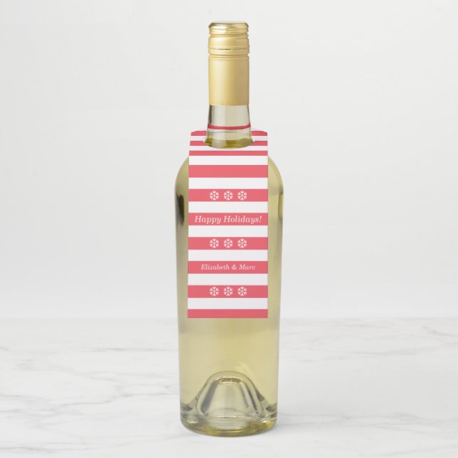 Étiquettes Pour Bouteilles Joyeuses Vacances Red Striped Snowflakes Vin (Sur bouteille)