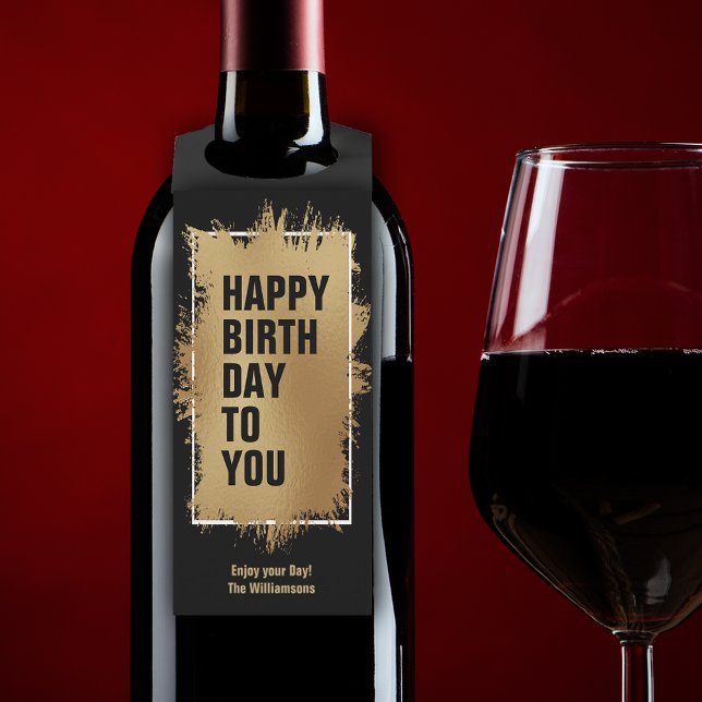 Étiquettes Pour Bouteilles Joyeux Anniversaire Texte Feuille d'Or sur Noir (Créateur téléchargé)