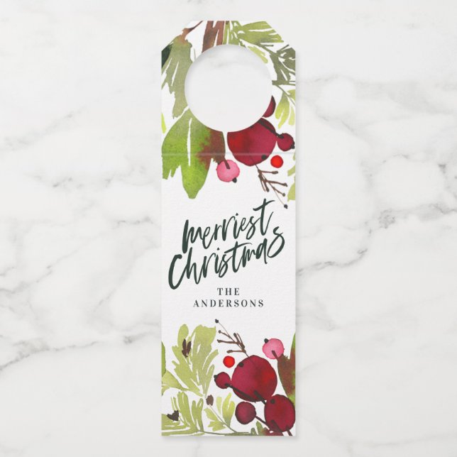 Étiquettes Pour Bouteilles Joyeux Noël aquarelle florale script (Devant)