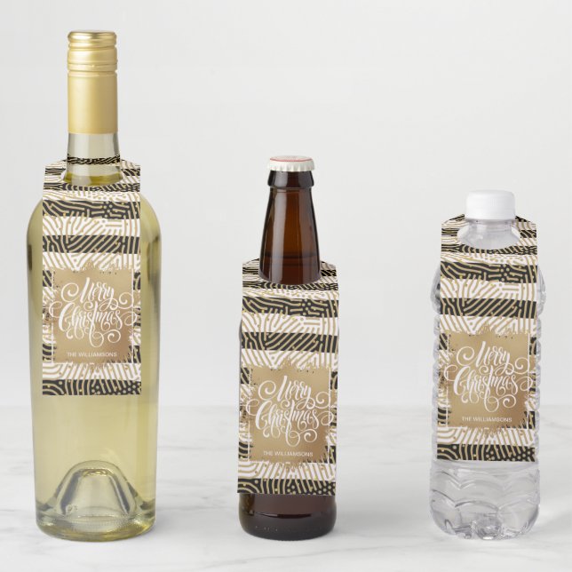 Étiquettes Pour Bouteilles Joyeux Noël Or Rayures Noires et Blanches (En situation)