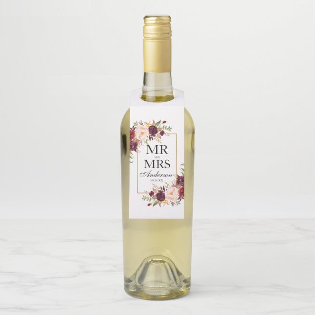Étiquettes Pour Bouteilles M. et Mme Burgundy Floral Mariage (Sur bouteille)