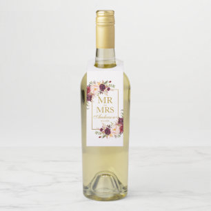 Étiquettes Pour Bouteilles M. et Mme Burgundy Mariage Floral Gold