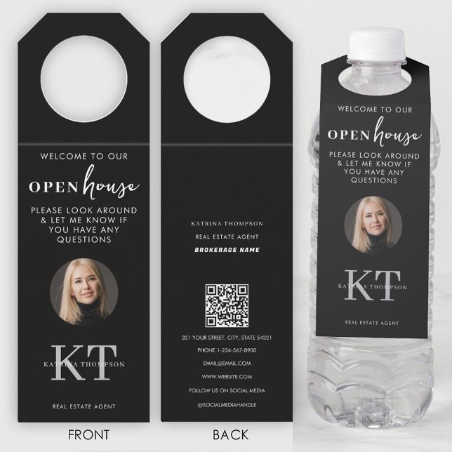 Étiquettes Pour Bouteilles Maisons ouvertes et agents immobiliers photo noir (Open Houses & Real Estate Agents Photo Black Bottle Hanger Tag)